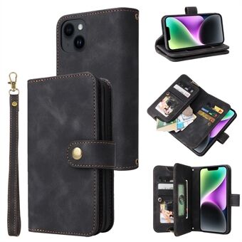 Skinnveske med glidelåslomme til iPhone 14 Stand lommebok Multifunksjonelt telefondeksel med stropper