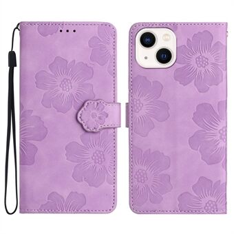 For iPhone 14 mobiltelefonveske PU-skinn påtrykt blomstermønster Stand lommebokdeksel med stropp