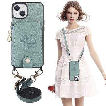 For iPhone 14 Lommebok med glidelås Hjertepåtrykt PU-skinn+PC+TPU-telefondeksel Kickstand-veske