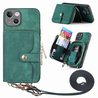Skinn+PC+TPU Kickstand-deksel for iPhone 14, lommebok med glidelås Anti- Scratch telefondeksel med snor