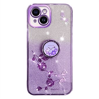 For iPhone 14 Cellphone Guard Case Ring Kickstand Blomstermønster Glitter TPU-deksel