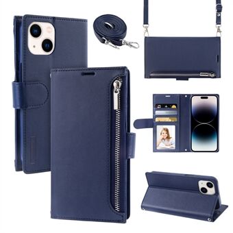 HANMAN Miki Series Zipper Pocket Phone Case for iPhone 14, PU lær Stand med skulderstropp