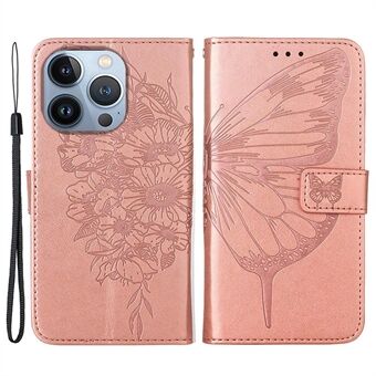 YB Imprinting Flower Series-4 for iPhone 14 Pro 6,1 tommer PU-skinn Butterfly Flower Preget telefonveske Stand Beskyttende deksel