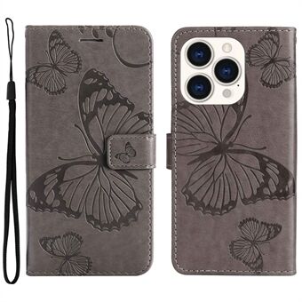KT Leather Series-2 for iPhone 14 Pro 6,1 tommer støtsikker sommerfugl-påtrykt PU- Stand Telefonlommebokstativdeksel
