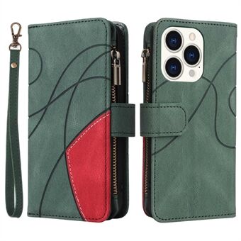 For iPhone 14 Pro 6,1 tommers fallsikker lommebok med flip glidelås med 9-kortspor Design Fargespleising PU- Stand med håndleddsstropp