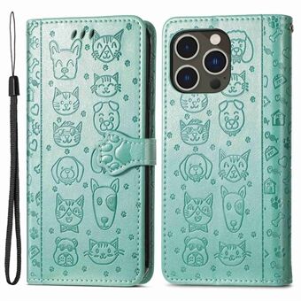 For iPhone 14 Pro 6,1 tommers påtrykt katte-hund-mønster PU-skinnveske Fallsikker beskyttelse Lommebokstativ Stand med stropp