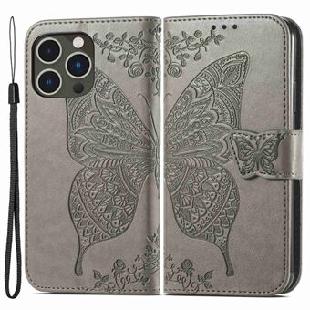 For iPhone 14 Pro 6,1 tommers påtrykt sommerfuglmønster sammenleggbar Stand PU-skinn lommebokstil flipdeksel med håndleddsstropp