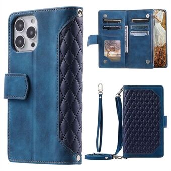 005 Style Phone Flip Leather Wallet Case Stand for iPhone 14 Pro 6,1 tommer, kortholder Rhombus Texture Glidelåslomme Beskyttende Anti-slipp mobiltelefondeksel med stropp