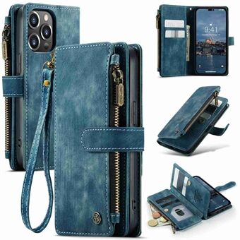 CASEME C30-serien for iPhone 14 Pro 6,1 tommers lommebok med glidelåslomme Telefonveske PU- Stand Flere kortspor Deksel med stropp