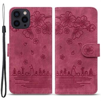 For iPhone 14 Pro 6,1 tommer Cherry Blossom Cat Imprinted Stand Telefonveske PU-lærlommebok Folio Flip-deksel med stropp