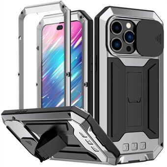 R-JUST For iPhone 14 Pro 6,1 tommers skyvekameradeksel Silikon + Metall + Skjermbeskytter i herdet glass Telefonveske Støttedesign Vanntett anti-fall deksel