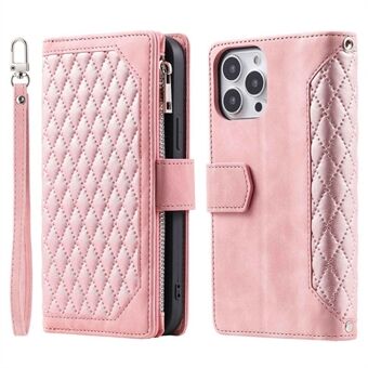 For iPhone 14 Pro 6,1 tommers telefondeksel med glidelåslomme Rhombus Grid Texture Anti-ripe PU Leather Flip Stand Scratch
