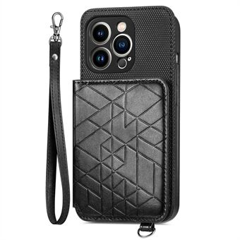 Lommebok Kickstand-telefondeksel for iPhone 14 Pro, geometripreget PU-skinn + TPU-deksel med innebygd metallplate og håndstropp
