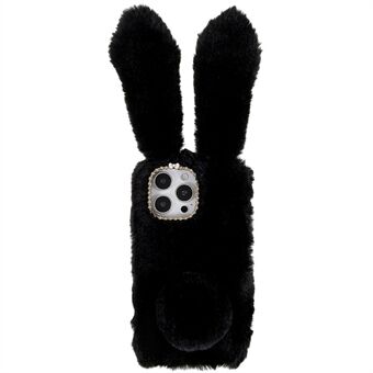 For iPhone 14 Pro Cute 3D Bunny Ears Furry Winter Warm Case Anti-fall TPU Beskyttende Telefondeksel med Glitter Rhinestone Bowknot