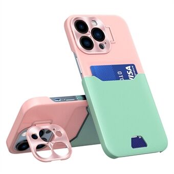 For iPhone 14 Pro PU-skinn+PC-telefon Bakdeksel Kortspor Design Drop-sikker veske med metalllinsebeskyttelse Stativ