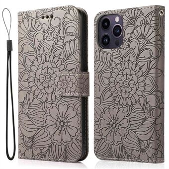 For iPhone 14 Pro Anti-ripe lommebokveske med påtrykt blomstermønster Stand Scratch Telefonskall med stropp