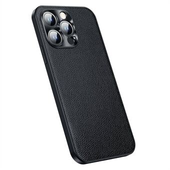 Kuskinn + TPU-telefondeksel for iPhone 14 Pro Anti-Fall beskyttelsesveske Litchi Texture Støtsikkert deksel med metallkameraramme