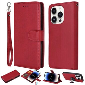 KT Leather Series-3 for iPhone 14 Pro Magnetisk avtagbar PU-lærveske Stand Funksjon Ensfarget lommebok telefondeksel med stropp