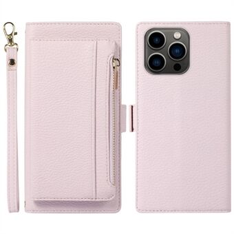 2 i 1 magnetisk telefondeksel for iPhone 14 Pro, lommebok med glidelås Litchi teksturert PU-skinnskall med Stand , fallsikkert telefondeksel