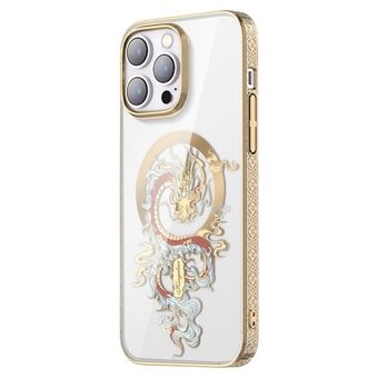 KINGXBAR Myth Series Magnetic Clear Case for iPhone 14 Pro Kompatibel med MagSafe, gul motstandsdyktig PC Laser Carving Elektrobelagt telefondeksel
