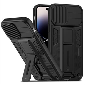For iPhone 14 Pro Slide Kameradeksel Beskyttelse Design Kickstand Case Hard PC Myk TPU Anti Scratch Telefonskall