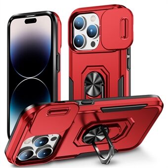 For iPhone 14 Pro PC + TPU- Ring Kickstand Telefonveske Skyvekamerabeskytter Fallsikkert deksel med bilmontert metallplate