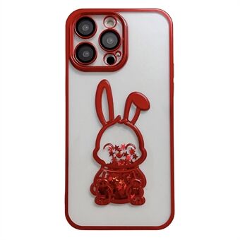 For iPhone 14 Pro Quicksand Cute Rabbit Telefonveske Galvanisering Transparent Anti-drop TPU-deksel med linsefilm av herdet glass