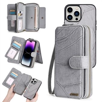 MEGSHI 004-serien PU-skinnskall for iPhone 14 Pro avtakbar lommebokstativ med glidelås Stand