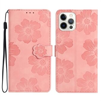For iPhone 14 Pro med påtrykt blomstermønster telefonveske PU lær Stand lommebokdeksel med stropp