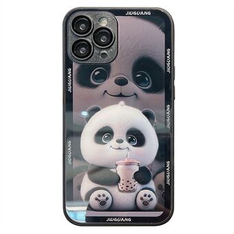 Mønstertrykkdeksel for iPhone 14 Pro Milk Tea Panda Herdet glass+TPU telefondeksel med linsefilm