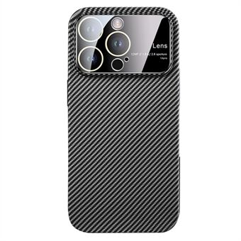 For iPhone 14 Pro Støtsikkert deksel Carbon Fiber Texture PC-telefondeksel med glasslinsefilm
