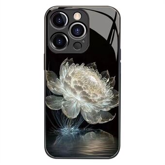 For iPhone 14 Pro Epiphyllum Print Design Telefonveske Bakside av herdet glass + TPU-støtfanger bakdeksel