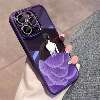 For iPhone 14 Pro TPU-ramme Herdet glass bakdeksel Skjønnhetsmønster utskrift Telefondeksel med glitter linsebeskytter