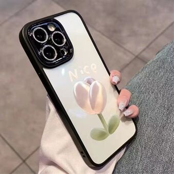 For iPhone 14 Pro telefondeksel Glitrende pulverdekor tulipanmønster telefondekselglass+TPU-skall