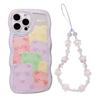 For iPhone 14 Pro smarttelefonveske, bjørnemønster, klart TPU-deksel med håndleddsstropp med lilla blomster