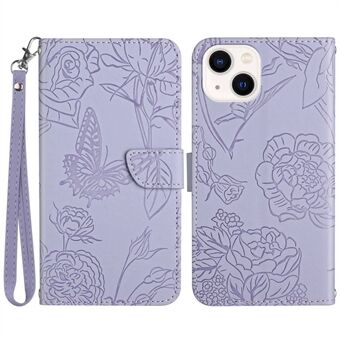Imprinting Butterfly Flowers telefondeksel for iPhone 14 Plus 6,7 tommer, PU- Stand lommebokbeskyttelsesveske med praktisk stropp