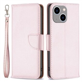 BF Leather Case Series-3 for iPhone 14 Plus 6,7 tommer Slitasjebestandig anti-fall ensfarget deksel Litchi Texture PU-skinndeksel Stand Lommebok telefonveske med stropp