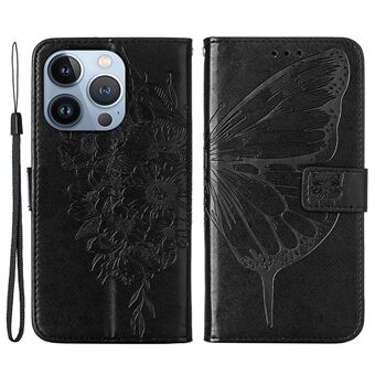 YB Imprinting Flower Series-4 for iPhone 14 Plus 6,7 tommer Butterfly Flower-påtrykt telefonveske i PU-skinn med Stand