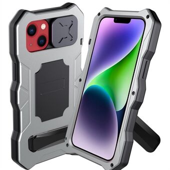 For iPhone 14 Plus Fallsikkert telefondeksel i metall + silikontelefonskall Kickstand Linsebeskyttelse Skyvedeksel med herdet glassfilm