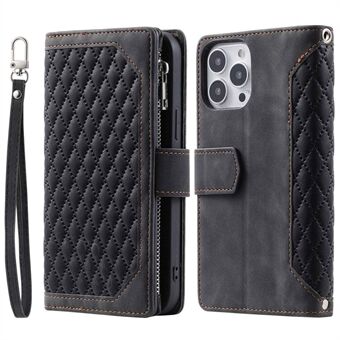 005 Rhombus Grid Textured PU Leather Phone Case for iPhone 14 Plus 6,7 tommers Stand med glidelåslomme med stropp