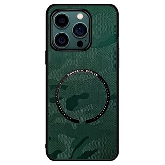 For iPhone 14 Plus Magnetisk trådløs lading Beskyttelsesdeksel Skinn + PC + TPU Camouflage Telefonveske med innebygd metallplate
