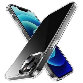 For iPhone 14 Plus Krystallklar TPU + PC-telefonveske Støtsikkert hjørnedeksel med metallgalvaniseringsknapp