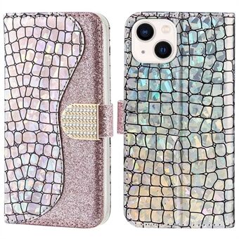 For iPhone 14 Plus Sparkly Glitter Skjøte Stand Anti-fall deksel Krokodilletekstur Scratch PU-skinn lommebokskall