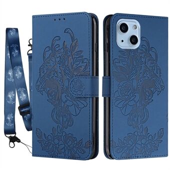 For iPhone 14 Plus Tigermønstertrykk PU-skinn Full beskyttelse Telefonveske Stand lommebokdeksel med stropp