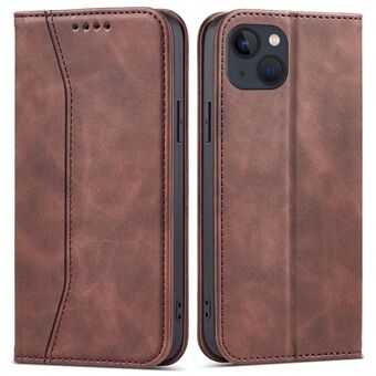 For iPhone 14 Plus PU-skinn+TPU Godt beskyttet lommebokstativveske Edge -fold Sy Folio Flip Stand