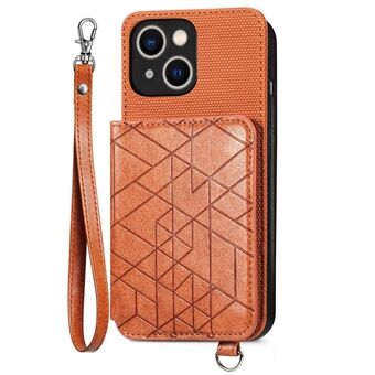 Kickstand-veske med stropp for iPhone 14 Plus, geometri-påtrykt lommebok Bilfeste Metallplate-skinnbelagt TPU-telefondeksel