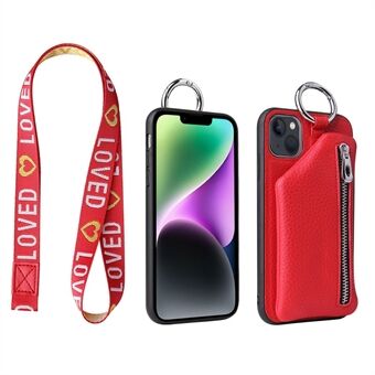 For iPhone 14 Plus støtsikker avtakbar lommebok PU-skinnbelagt TPU-telefonveske Glidelåslomme Beskyttelsesdeksel med snor