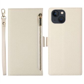 Litchi Texture Phone Case for iPhone 14 Plus, glidelåslomme Full beskyttelse PU-skinn Telefon Flip Cover Lommebok med stropp