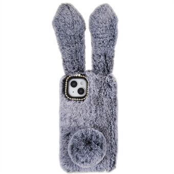 For iPhone 14 Plus Søte 3D-kaninører lodne vintervarmeveske Bumpsikker TPU-beskyttende telefondeksel med glitter Rhinestone-sløyfe