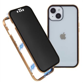 For iPhone 14 Plus Anti- Spy telefonveske Magnetisk lukking Metallramme + dobbeltsidig herdet glass Full dekning, fallsikkert deksel